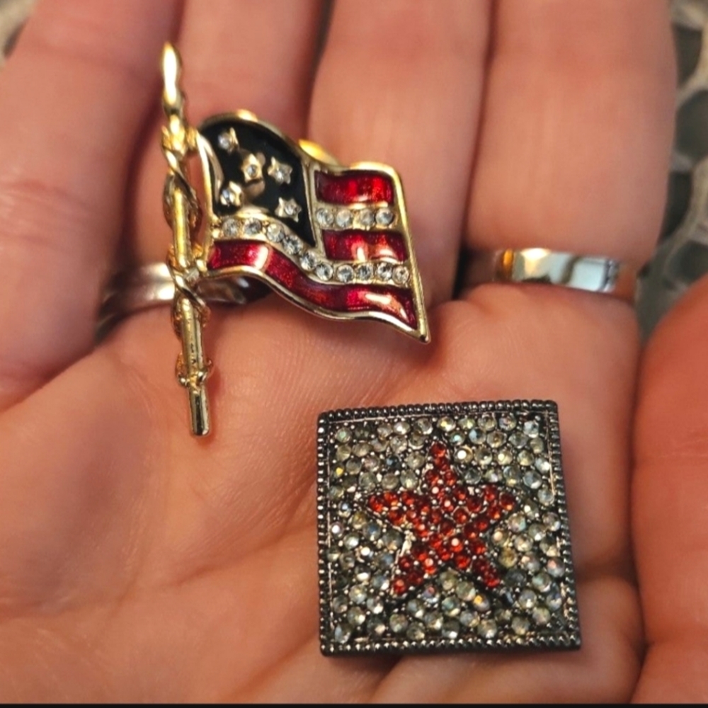 Carolee Crystal & Enamel Flag and Robert Rose Crystal Star Pins